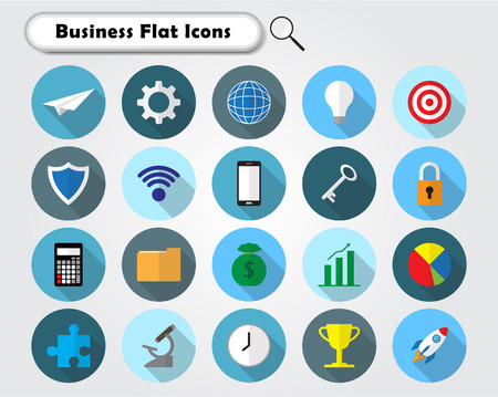 Vector Illustration Ready-To-Use 21 Colorful Business Flat Icons Designed as Multiple Objects Involved In Work, Startup, Finance, Data Security, Entrepreneurship, Management, Achievement.のイラスト素材