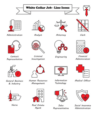 Vector Illustration Ready-To-Use 16 White Collar Job - Line Icons Designed as Multiple Professions Involved In Professional, Managerial, Administrative Work, Office, Customer Interaction, Sales.のイラスト素材