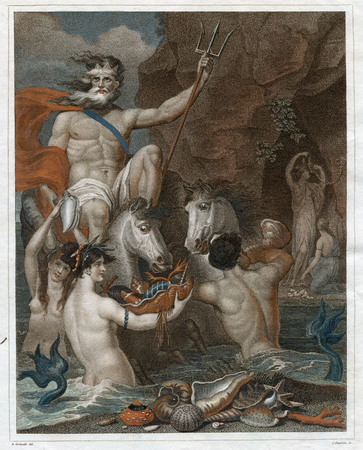 Vintage  Art 1805 : NEPTUNE OR  POSEIDON CONSTRUCTED OF A CHAMA SHELL,DRAWN BY SEA-HORSESのeditorial素材