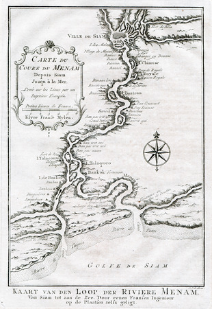 Antique Map Bangkok to Ayutthaya Thailand - 1750の写真素材