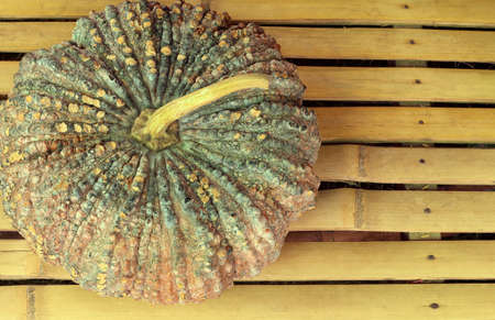Fresh pumpkins on bamboo tableの写真素材