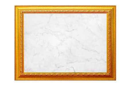 Gold vintage photo frame with white marble texture isolated on white background.の写真素材