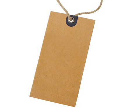 blank cardboard price label tied with rope for show price or discount on product isolate on white...