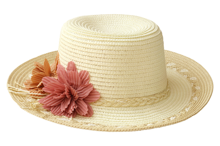 Beautiful summer hat with ribbon and flower for women isolated on white background.の写真素材
