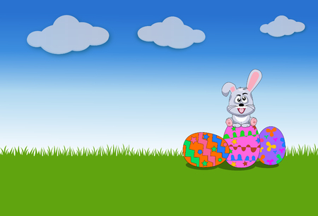 The little rabbit sits on the Easter egg in the middle of the lawn on a bright blue day,vector and illustrationのイラスト素材