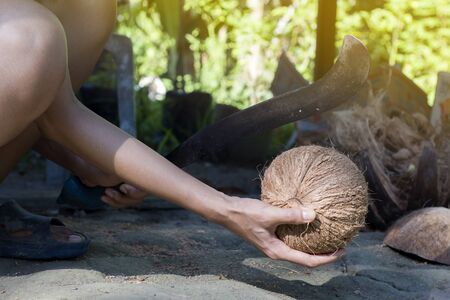 Humans will split the coconut into 2 parts with a machete ready to be used to squeeze the coconut milk to be used as an ingredient in the food with the selected focus.の写真素材