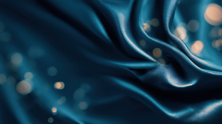 A captivating view of blue satin fabric flowing gracefully, enhanced by sparkling bokeh lights. Perfect for projects in fashion, decor, and advertising.の素材