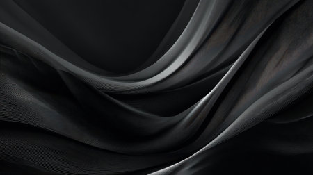 This abstract image features flowing black fabric waves against a dark background, showcasing intricate textures and dynamic curves that create an elegant visual experience.の素材