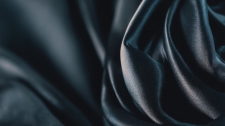 A close-up view of dark satin fabric showcasing its luxurious texture and elegant folds. Ideal for fashion, design backgrounds, and artistic projects emphasizing softness.の素材
