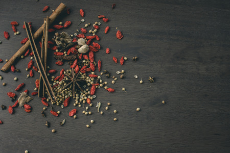Spices on the wooden floorの写真素材
