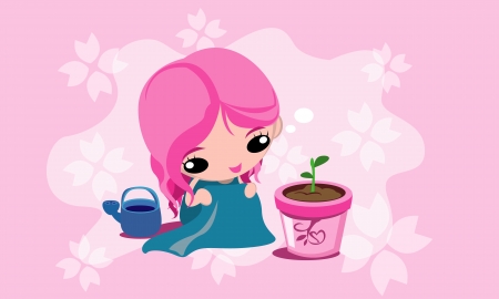 a girl her plant のイラスト素材
