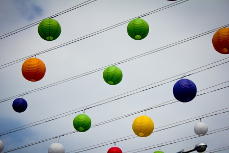 Lanterns candle display at blue sky の写真素材