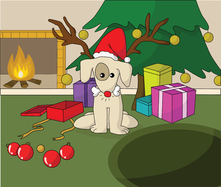 Cute dog in Santa xmas cap opening gift near fireplace のイラスト素材