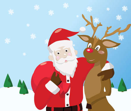 Santa Claus and reindeer on winter background のイラスト素材