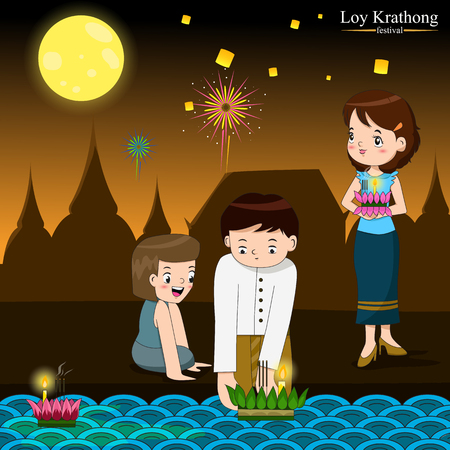 Loy Krathong festival in Thailand, people bring banana leaves vessel with candle and joss sticks floating on riverのイラスト素材