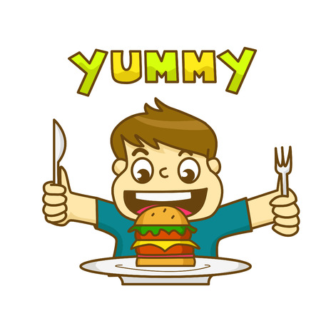 Little boy is very happy to eat delicious hamburger and holding a knife and fork awaiting to eatのイラスト素材