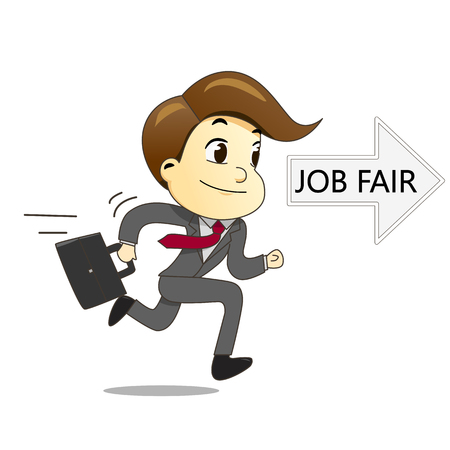 Happy businessman running with briefcase to job fair vector illustrationのイラスト素材