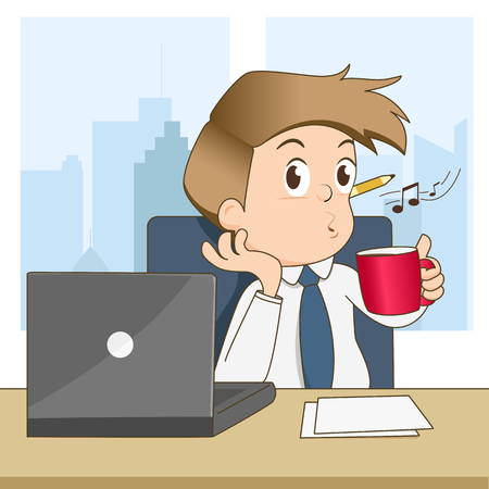 Happy businessman whistling and drink coffee in office - vector illustrationのイラスト素材