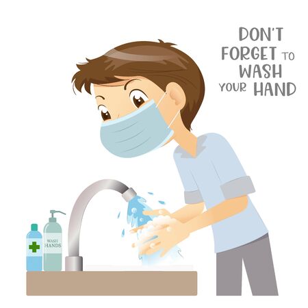 Man wears medical surgical mask washing hand with soap, safe from virus, Covid-19 prevention.のイラスト素材