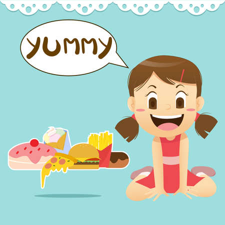 Cute girl loves to eat junk food and dessertのイラスト素材