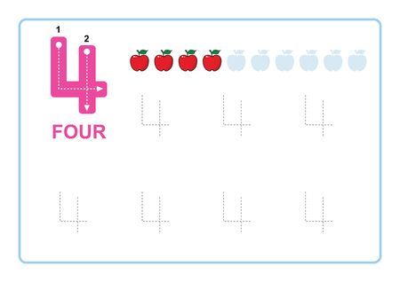 Number Tracing and Writing tracing worksheet for kindergarten Learning number  with apple clipart  for Counting Worksheets Free handwriting vectorのイラスト素材