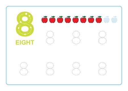 Number Tracing and Writing tracing worksheet for kindergarten Learning number  with apple clipart  for Counting Worksheets Free handwriting vectorのイラスト素材