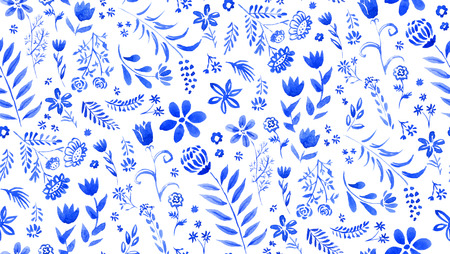 Watercolor seamless pattern with blue floral elementsの写真素材