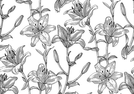 Sprigs of blooming lily. Engraved seamless patternのイラスト素材