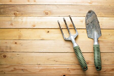 Small gardening shovel and fork on wooden background.の写真素材