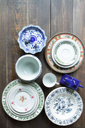 Different tableware on wooden.
