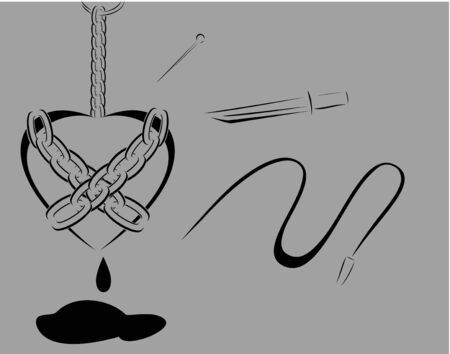 Minimalist design of hanged chained black heart with black blood bleeding のイラスト素材