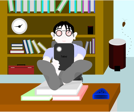 Man read ebook on tablet with feet cross over book on table vectorのイラスト素材
