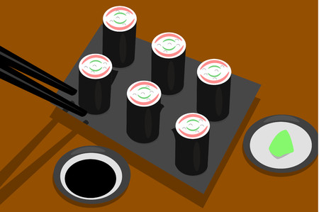Sushi table with chopsticks picking up a mako sushi のイラスト素材