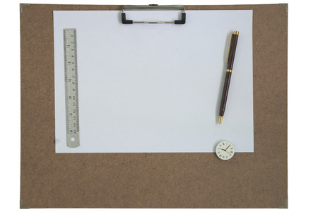 Art board, clock, pen, and ruler isolated white background
