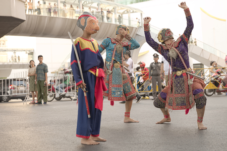 Bangkok, Thailand - January 14, 2015 Group of Thai traditional drama performer posing for photographer in middle of Pathumwan intersection in "Discover Thainess 2015" parade eventのeditorial素材