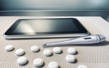Thermometer, tablet, tablet. Medicine, drugs, diagnostics