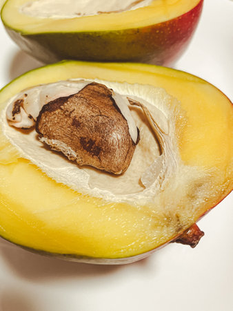 fresh mango macro. The fruit pit is visible in detailの写真素材