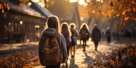 Children go to school. Holidays in the field of education - Knowledge Day and Teacher's Day. The concept of learning, gaining knowledge, returning to the learning process with gratitude to the Teachers. Items used during training.の素材