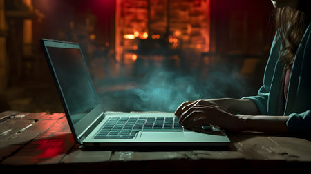 Woman working on a laptop at night in a dark room. close-upの素材