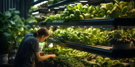 Rear view of young woman looking at fresh lettuce in greenhouse, vertical farmingの素材