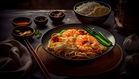 Udon noodles with shrimps and vegetables in bowl on wooden tableの素材
