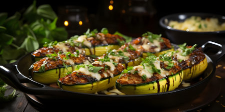 Zucchini stuffed with meat and cheese on a black plate.の素材