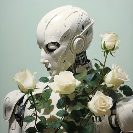 Artificial intelligence robot holding white roses in front of a green backgroundの素材