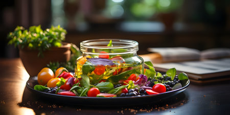 Fresh vegetable salad in a glass jar on a table in a restaurantの素材
