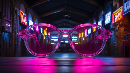 Science fiction, cyberpunk concept. Futuristic exhibition hall with object (glasses) in neon lighting. Technology and entertainment object concept. Podium with sci-fi products in cyberpunk styleの素材