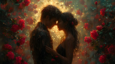 A fantasy scene of the moment before a couple in love kisses. The concept of tender feelings between a man and a woman. Showing attention through a loving gaze. Love forever.の素材