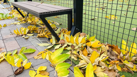 Empty bench and bright yellow autumn leaves next to a fence and green sports court