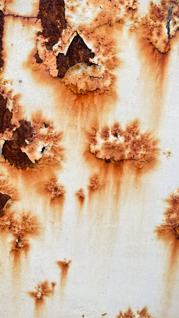 Grunge white painted metal texture with heavy vertical rust stains. Abstract industrial background.