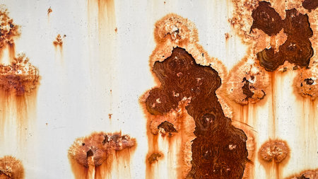 Grunge white painted metal texture with heavy vertical rust stains. Abstract industrial background.