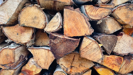 Detail of stacked rough-barked firewood logs with an orange autumn leaf, a cozy natural textureの写真素材